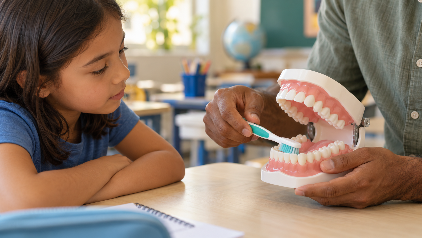 Criança vendo adulto escovando dente de uma dentadura para aprender a escovar