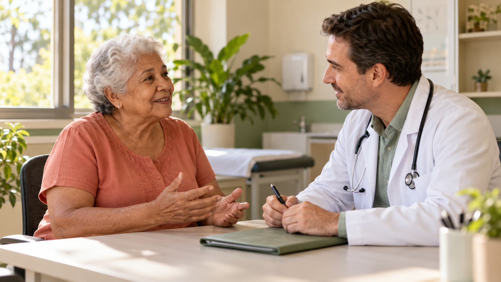 Idosa com diabetes conversando com médico do Sus